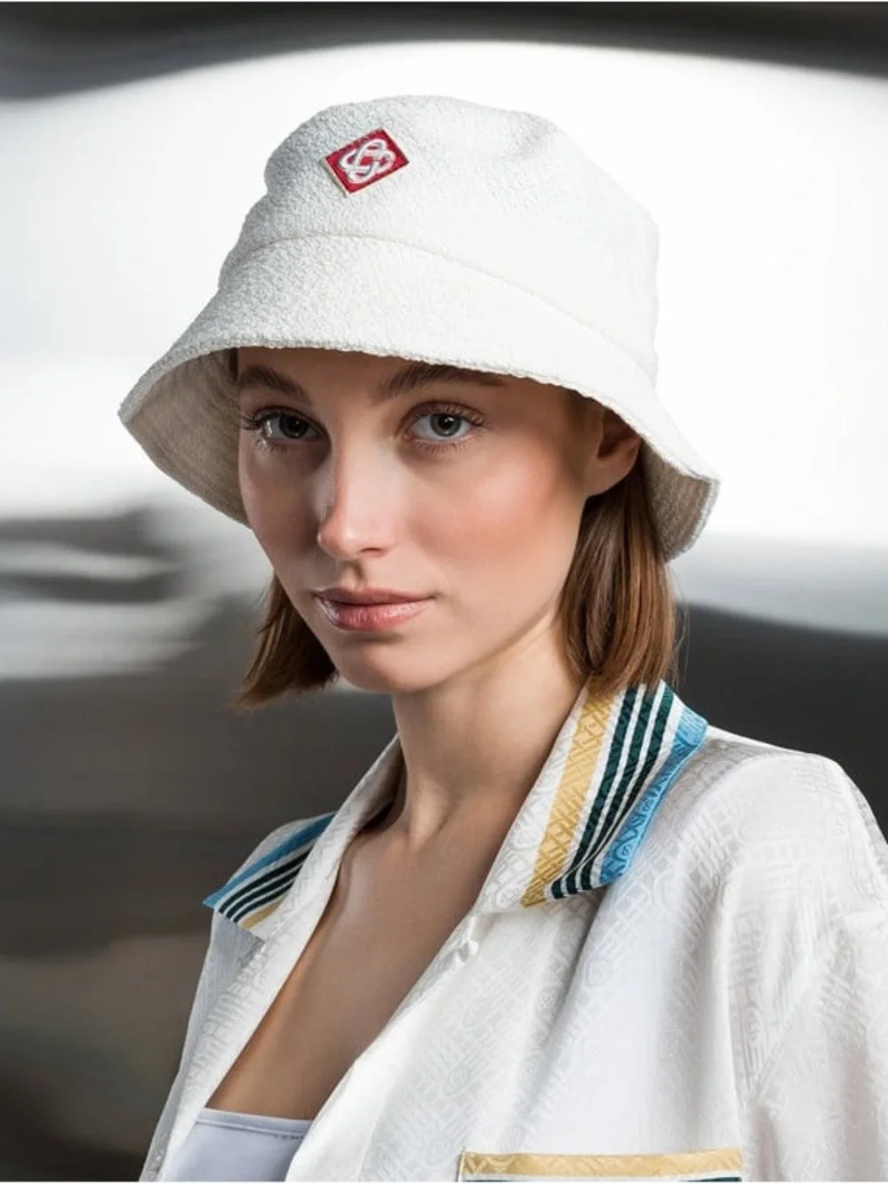 Casablanca Off White Terry Cloth Bucket Hat with Red Logo Patch sz M/L
